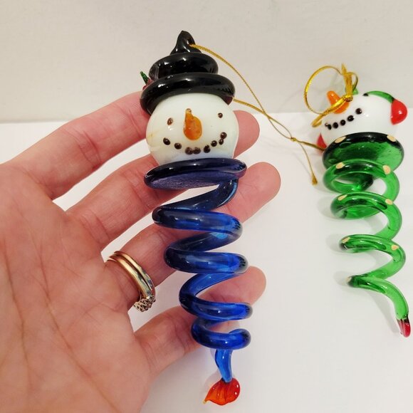 3 Blown Glass Spiral Dangling Snowman Face Top Holiday Christmas Ornaments - Picture 5 of 8